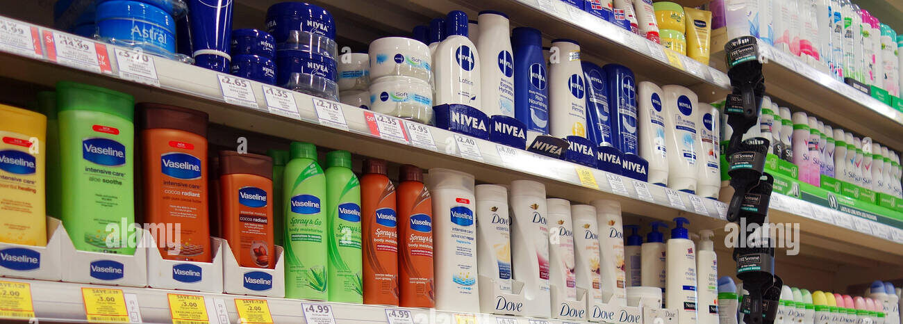 body-creams-and-lotions-in-a-uk-supermarket-EEKJTX